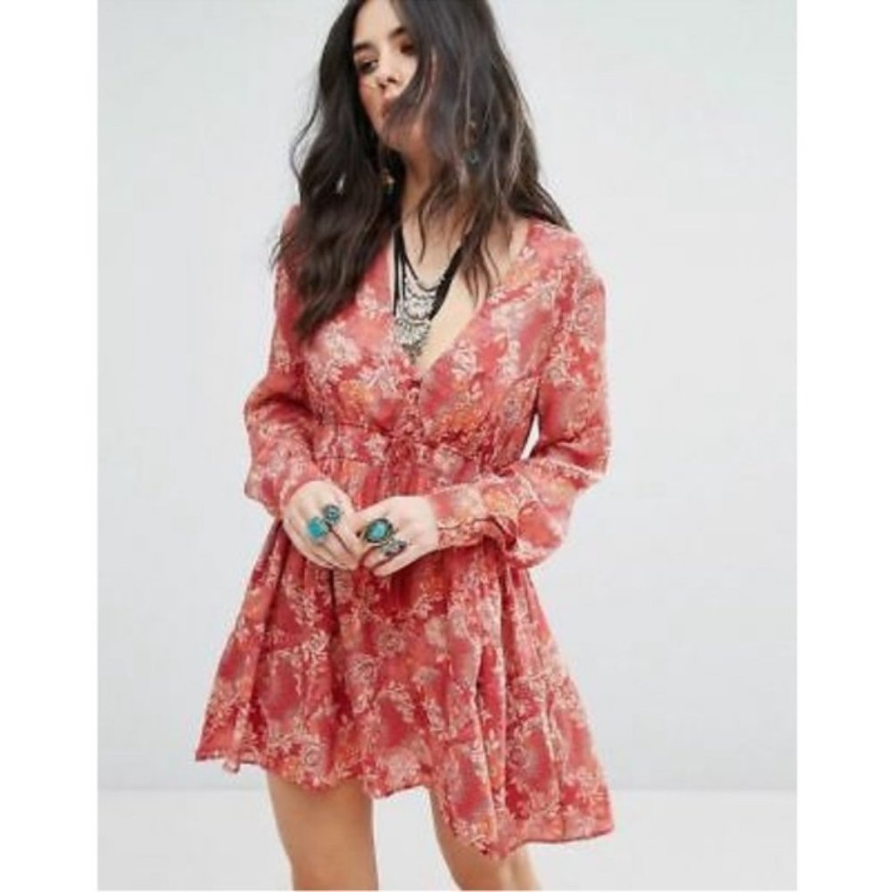 NWT Free People Stealing Fire Red Combo Dress Size Medium